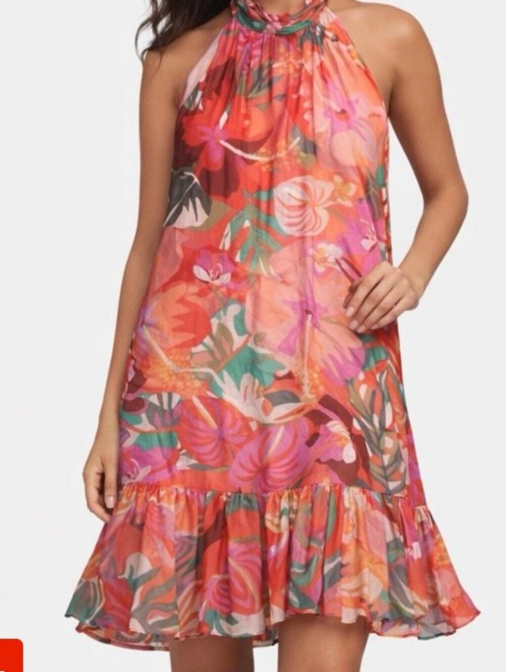 1. State Coral-Pink Halter Floral Ruffle Mini Dress